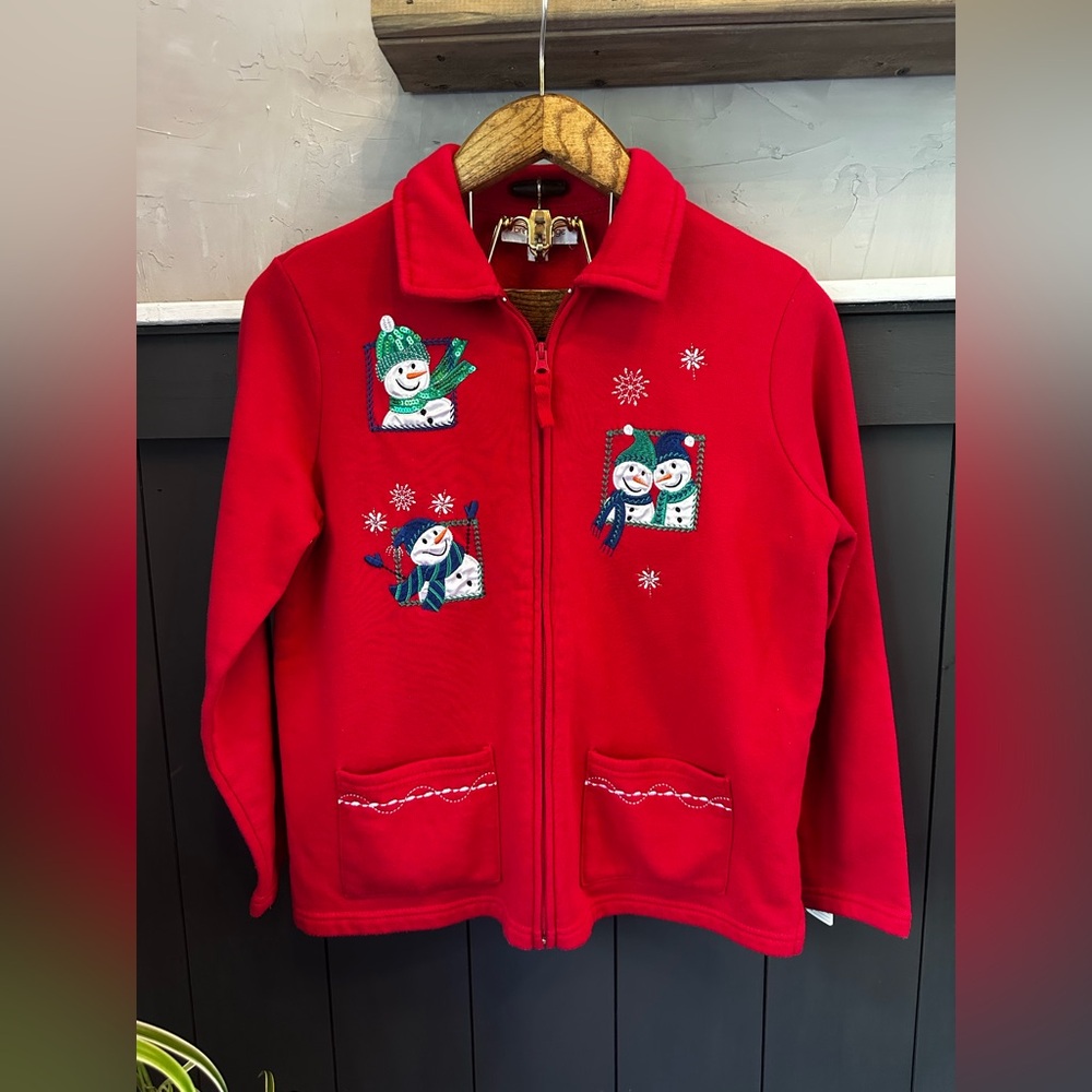 Christmas Zip Front Sweater Womens sz PM Snowman‎ Embroidery Novelty